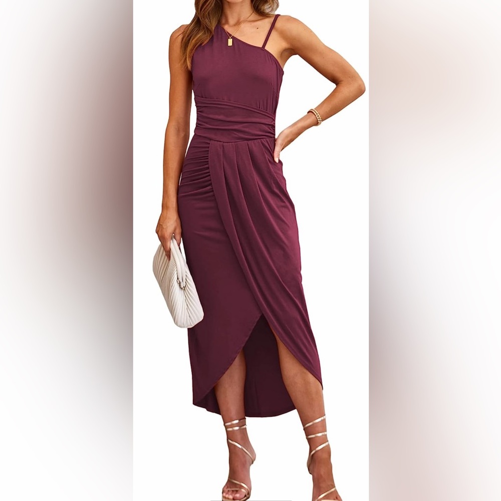 Women One Shoulder Spaghetti Strap Sleeveless Ruched Wrap Slit Sundresses